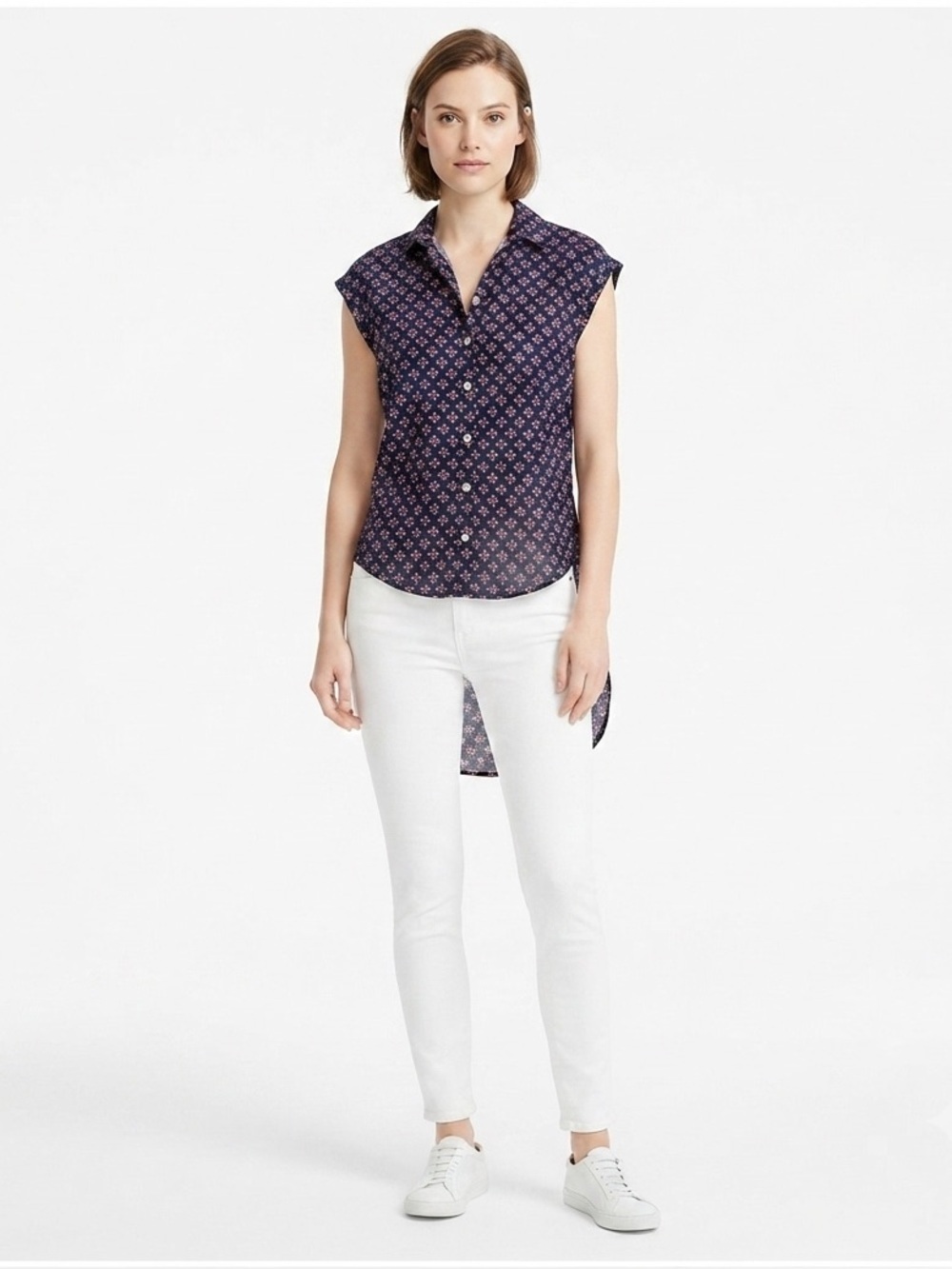 Jachs Women's High/Low Button Down Shirt - Navy and Pink Floral